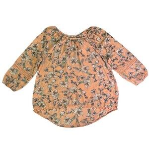 Copper Key Peach Floral Blouse Large L Lace Accent Hi-Low Hem 3/4 Sleeve Top